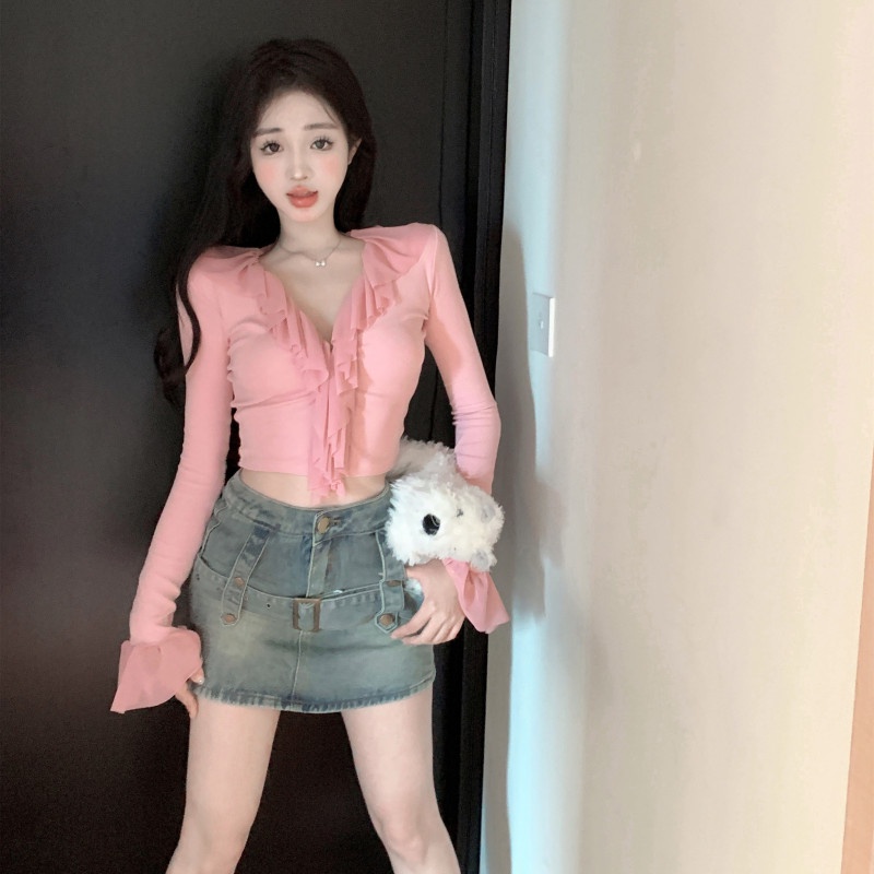 Áo Croptop Tay Dài Cổ Chữ V Dáng Ôm Thời Trang Quyến Rũ Cho Nữ