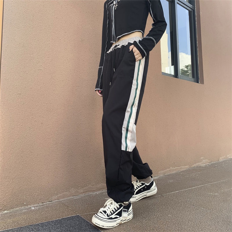 ZHELIHANGFEI Quần Dài Lưng Cao Ống Rộng Họa Tiết Kẻ Sọc Hợp Thời Trang