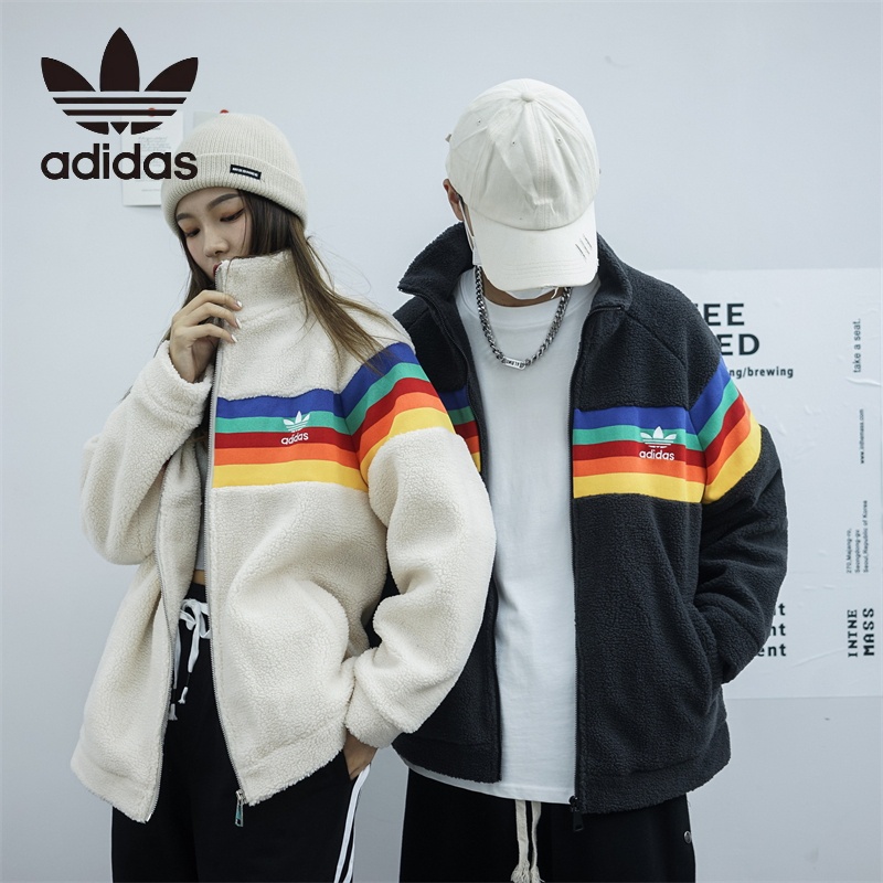 Áo Khoác Adidas 100% Cotton Len Lông Cừu Tay Dài Cổ Đứng Thêu Logo Cầu Vồng Đơn Giản Cho Cặp Đôi