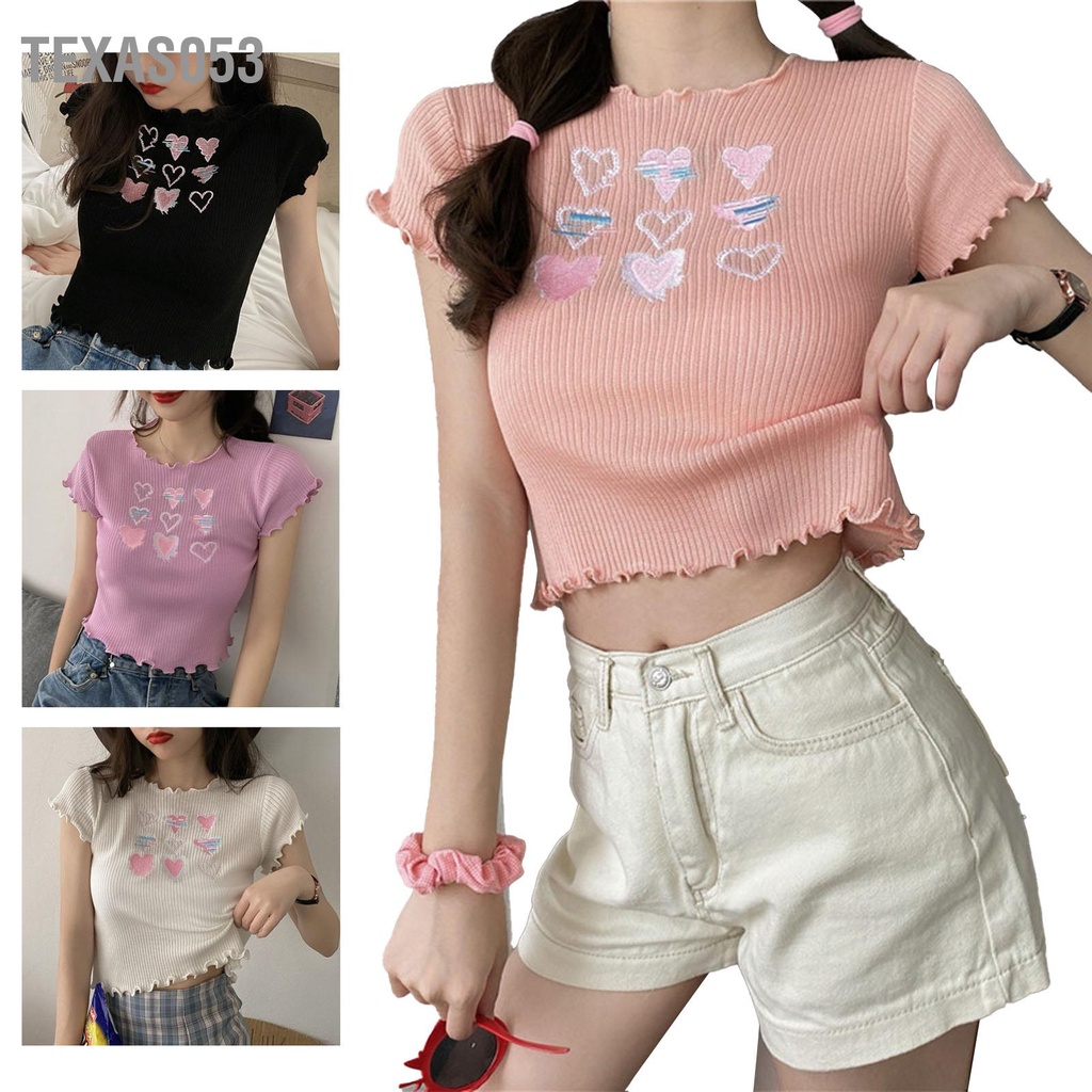 Texas053 Áo Sơ Mi Nữ Cao Cấp Frill Viền Phong Cách Ngọt Ngào In Hình Xinh Xắn Tay Ngắn Cho Mùa Hè