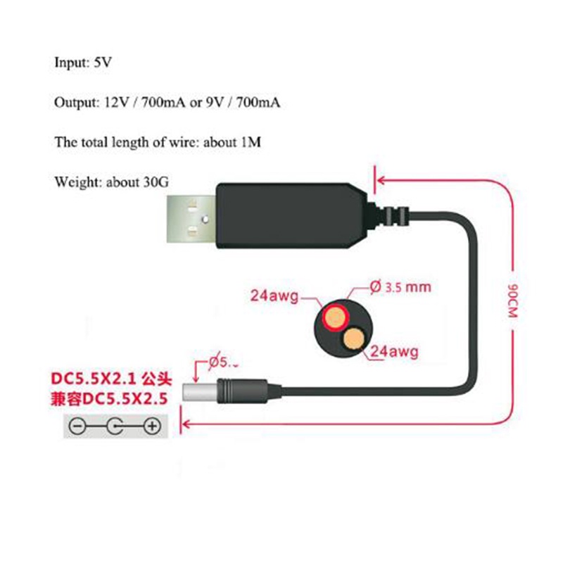 Cáp ChuyểN ĐổI Tăng ÁP DC 5V Sang DC 9V / 12V, ĐầU CắM USB 2.1x5.5mm