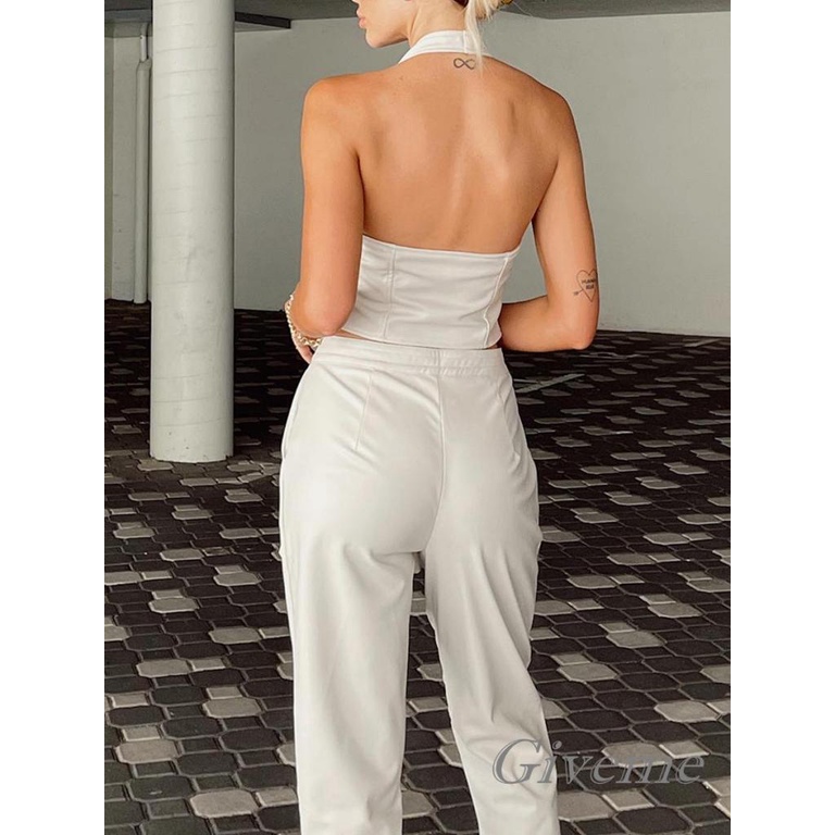 Áo Croptop Da PU Màu Trơn Cổ Yếm Cài Nút Thời Trang Mùa Hè Cho Bạn Gái