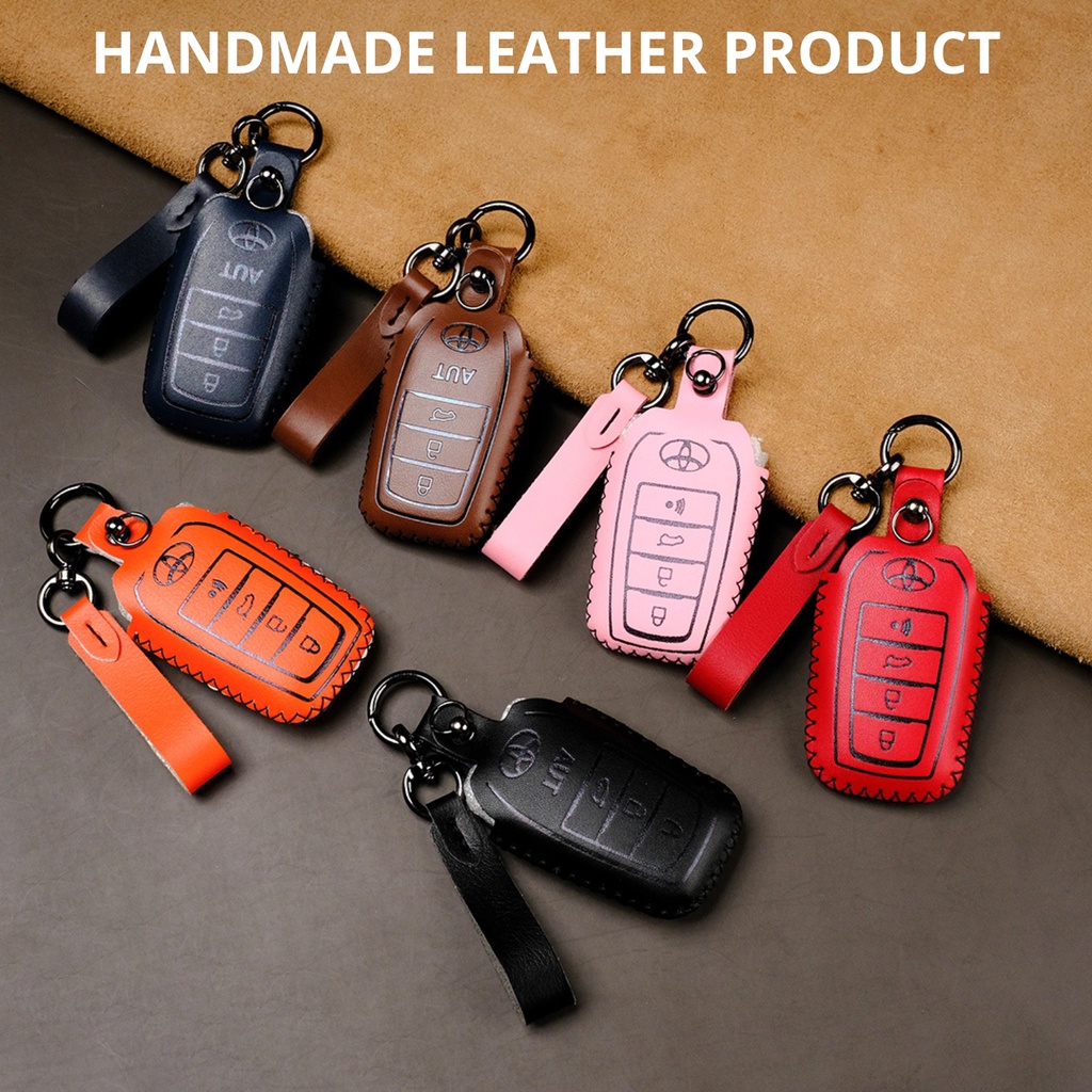 Bao da bọc chìa khóa smartkey ô tô Toyota Camry Fortuner Innova Hilux Land Cruiser mẫu mới khâu tay móc đen TFO