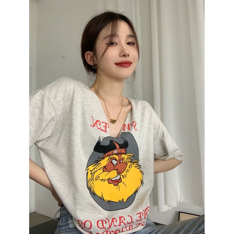 Jiashucheng Áo Thun Ngắn Tay Cổ Chữ V Form Rộng Phong Cách Retro Mỹ