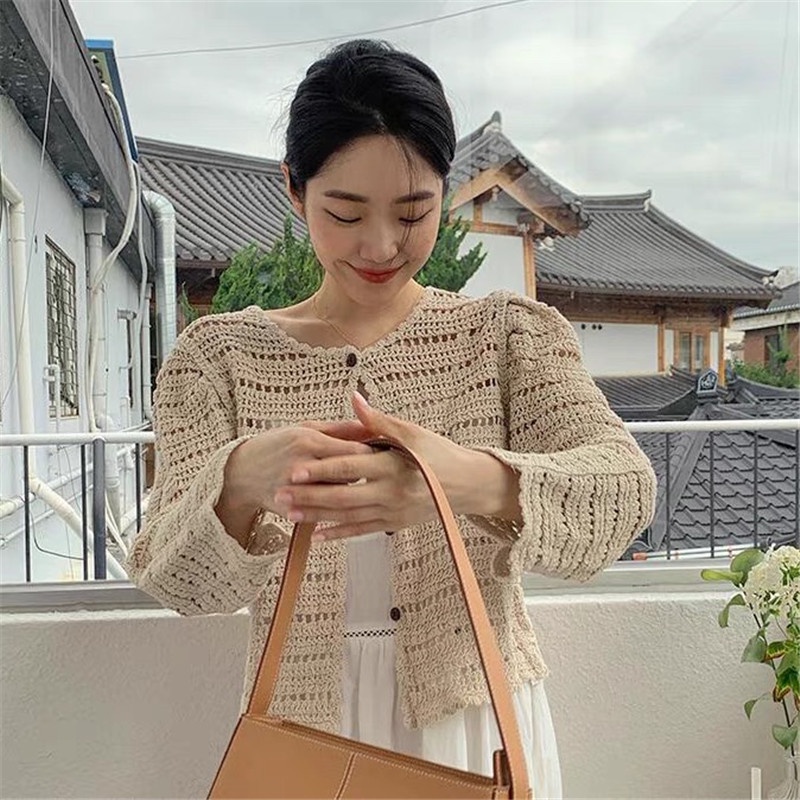 Áo dệt kim SUXI thiết kế khoét lỗ phong cách Hàn Quốc thời trang chống nắng mùa hè cho nữ