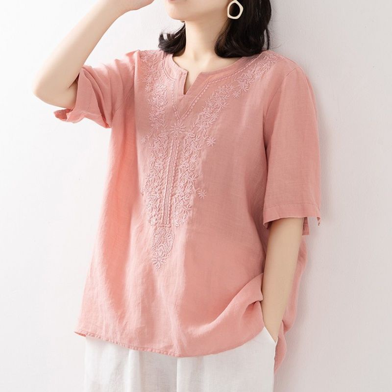 Áo Sơ Mi Cotton Lanh Chui Đầu Tay Ngắn Cổ Chữ V Thêu Họa Tiết Phong Cách Hàn Quốc Kiểu Mới