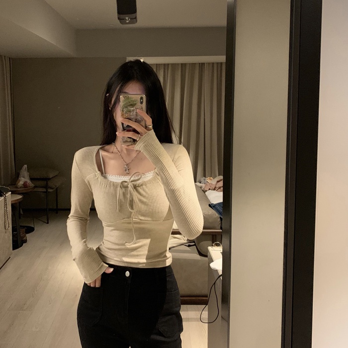 Áo Croptop Tay Dài Cổ Vuông Màu Sắc Ngọt Ngào Thời Trang Mùa Thu Quyến Rũ Cho Nữ