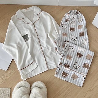 Bộ ngủ pyjama lụa dài tay phối viền hoạ tiết cute