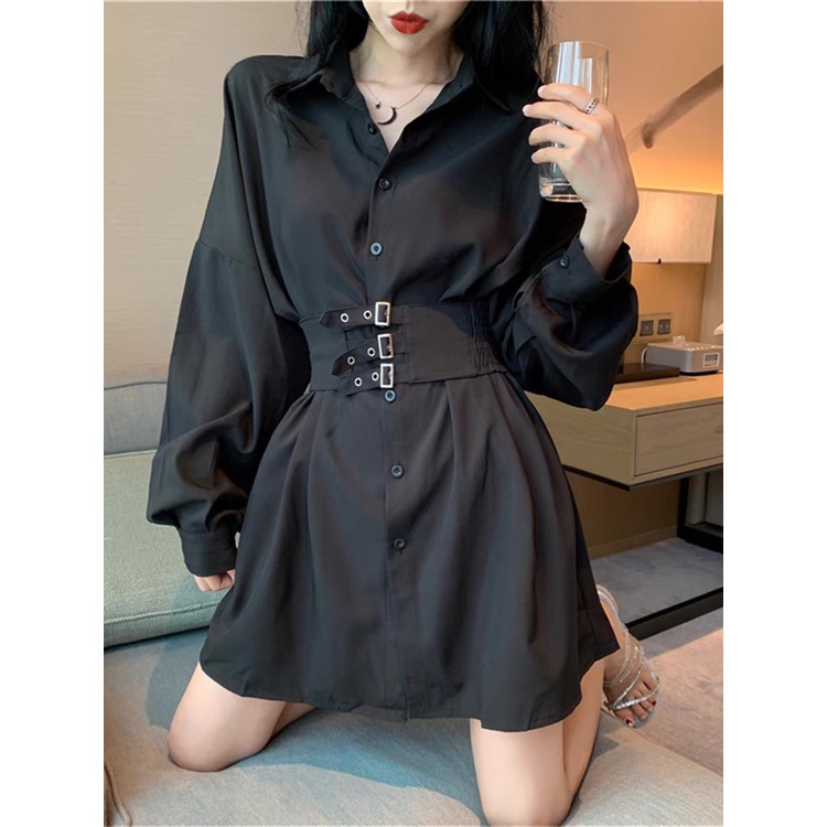 (ORDER) Áo sơ mi trắng dáng dấu quần kèm thắt eo rời đan dây đen cá tính hàng thiết kế