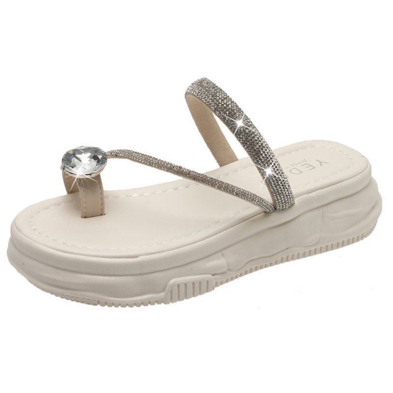 Dép bánh mì quai đính đá xỏ ngón hoạ tiết đá tròn phong cách trẻ trung