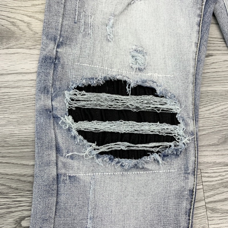 Quần jean bò nam slimfit wash xanh khói rách xước chỉ đùi gối vá vải nhăn đen phối ống loang sóng