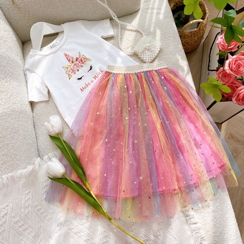 Set bộ bé gái ,Áo cotton 4c in hình Pony,Chân váy lưới sao cầu vồng xinh xắn