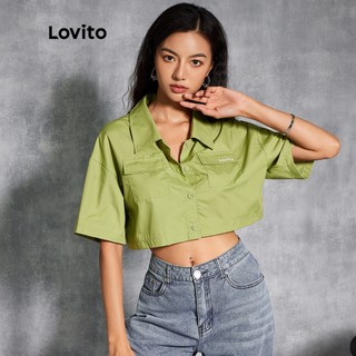 113XJ Lovito Áo Sơ Mi L20E045 Có Túi Phía Trước In Chữ Giản Dị