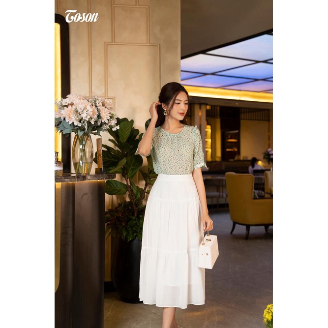 Áo sơ mi chiffon in hoa xanh, dáng suông, tay đính nơ nhỏ Toson 11137X93