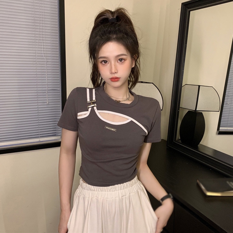 Áo Thun Crop Top Giả Hai Lớp Màu Sắc Tương Phản Phong Cách Vintage Dành Cho Nữ