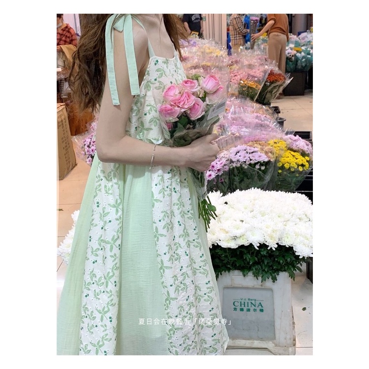 Đầm Hai Dây Đính Nơ Màu Xanh Lá Thời Trang Mùa Hè Cho Bạn Gái