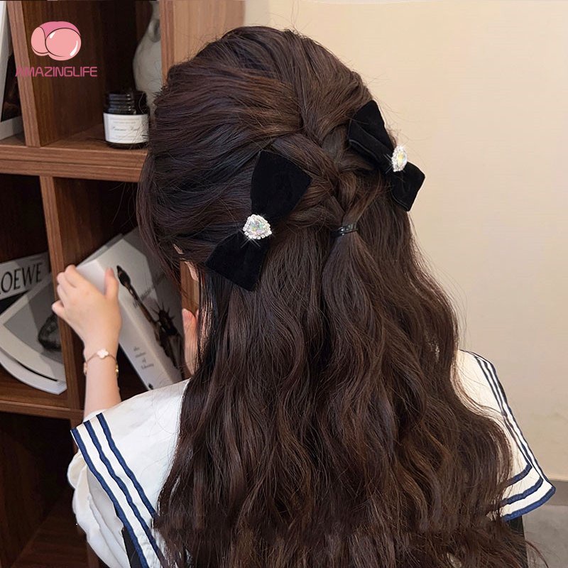 Kẹp Tóc Hình Nơ Đính Kim Cương Giả Màu Đen / Nhung Phong Cách Ins Cổ Điển Thời Trang Cho Nữ