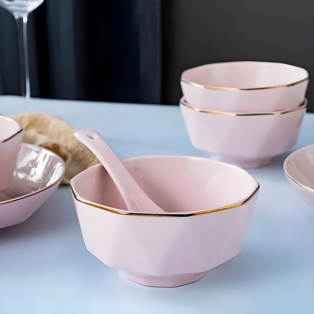 Chén ăn cơm bằng gốm sứ họa tiết kim cương màu hồng.