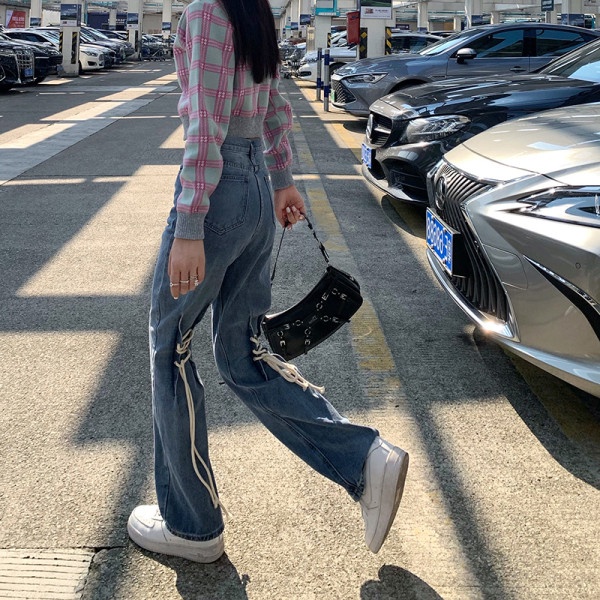 ZHELIHANGFEI Quần Jean Lưng Cao Ống Rộng Cột Dây Thời Trang Cá Tính Cho Nữ