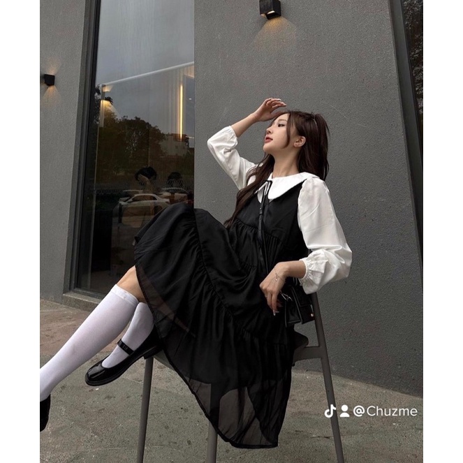 SET áo sơ mi cổ sen dài tay kèm váy babydoll voan 3 tầng chuzme