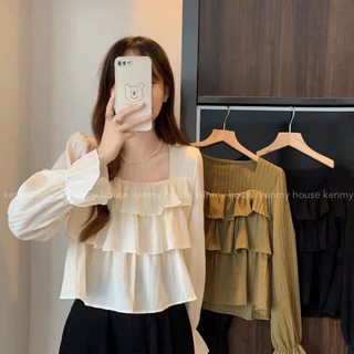 Áo cổ vuông bèo tầng áo kiểu babydoll cho nữ