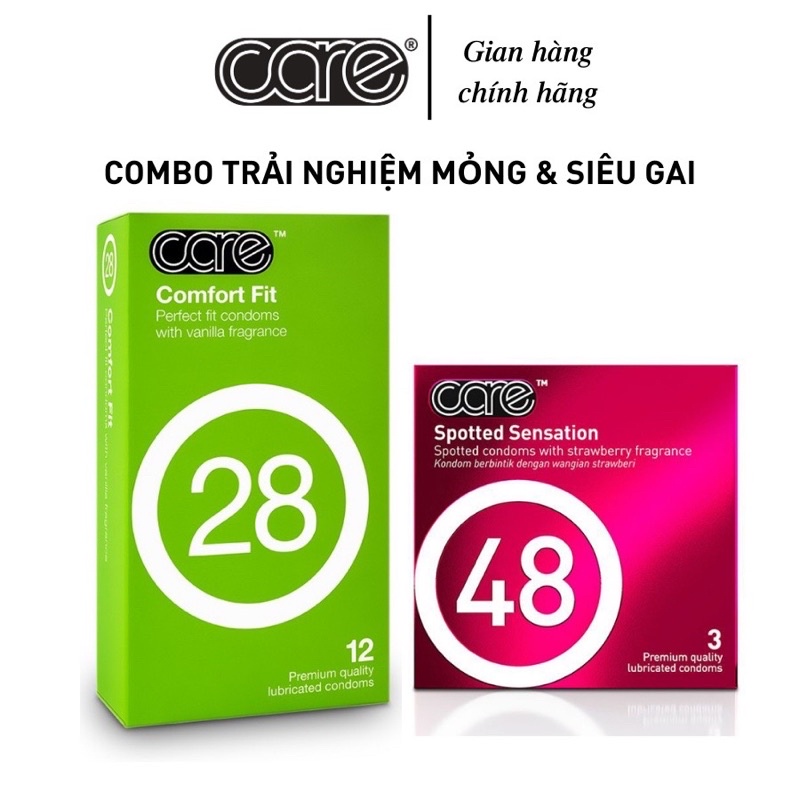 Combo bao cao su mỏng nhiều gel bôi trơn, kéo dài thời gian CARE 28 (hộp 12) và bcs có gai CARE 48 (hộp 3) cao cấp