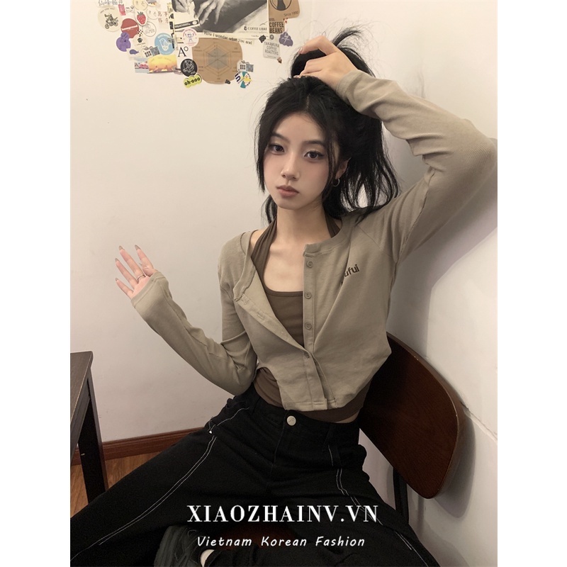 Áo Croptop Hai Dây / Áo Khoác cardigan Tay Dài Ba Màu Sắc retro Gợi Cảm Dành Cho Nữ