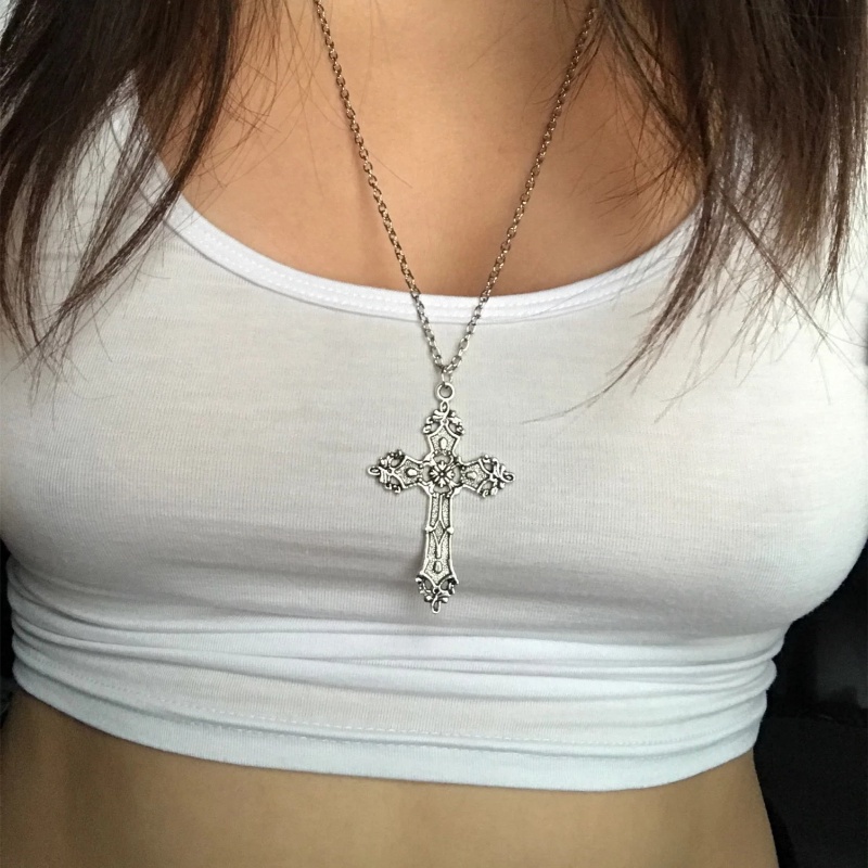 Bộ Vòng cổ + Bông Tai Hình Thánh Giá Màu Bạc Phong Cách Gothic Thời Trang Cho Nam Và Nữ