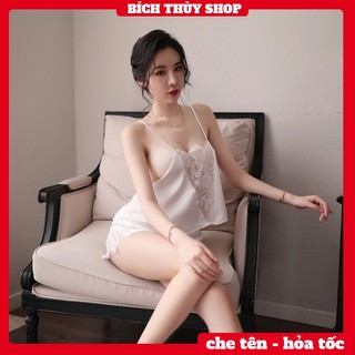 Đồ ngủ nữ lụa hai dây viền ren gợi cảm - Màu Trắng Tinh Khôi BT101A