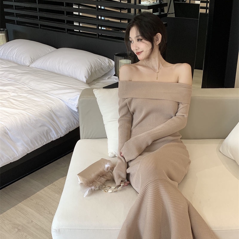 COZOK Đầm Dệt Kim Tay Dài Hở Vai Thời Trang Xinh Xắn Cho Nữ