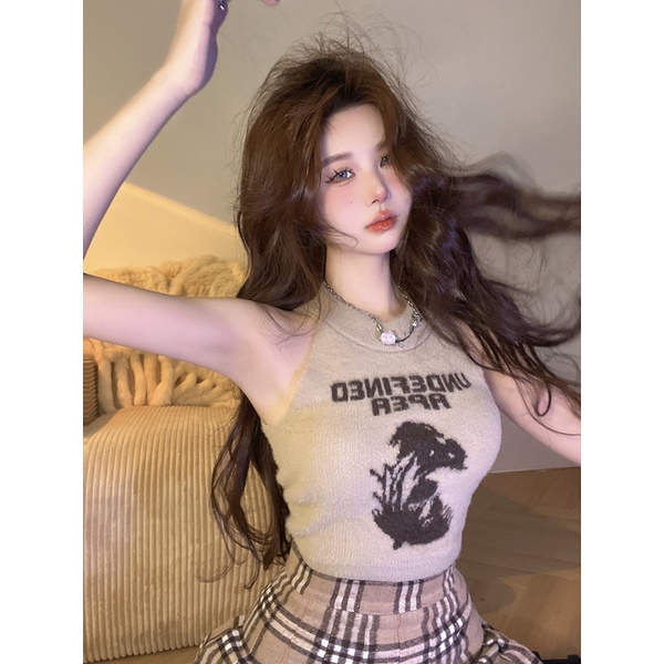 ZHELIHANGFEI Áo Croptop Dệt Kim Không Tay Lưng Cao Gợi Cảm Cho Nữ