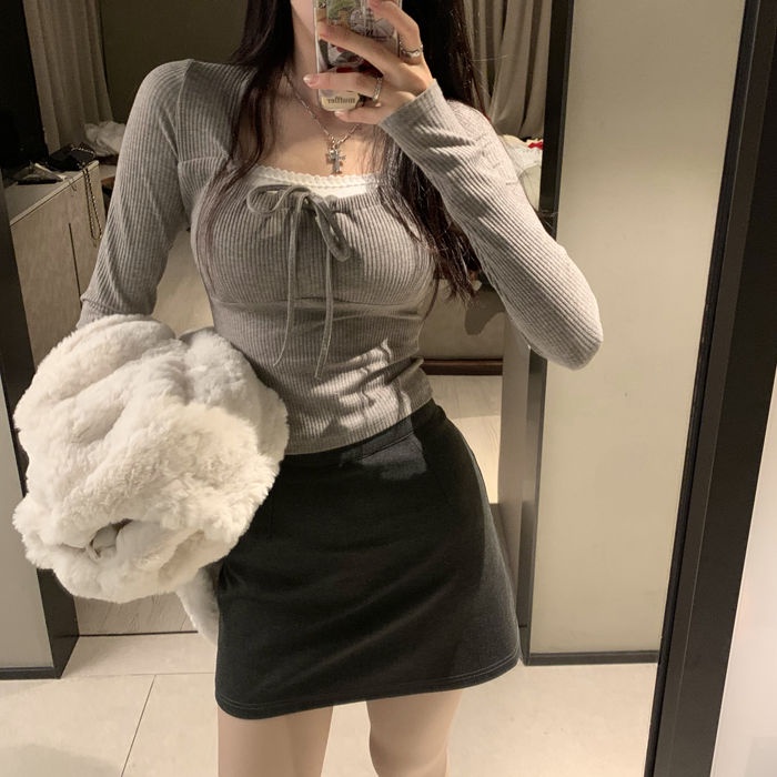 Áo Croptop Tay Dài Cổ Vuông Màu Sắc Ngọt Ngào Thời Trang Mùa Thu Quyến Rũ Cho Nữ