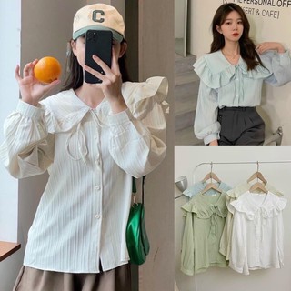 Áo sơ mi cổ bèo buộc dây nơ điệu đà 4 màu phong cách tiểu thư Hàn Quốc