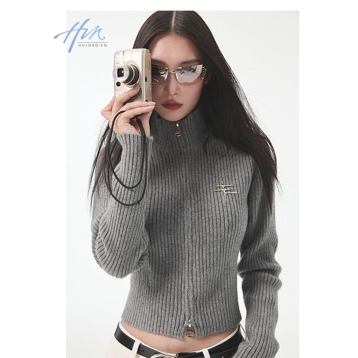 Áo Khoác Cardigan Dệt Kim Dáng Ngắn Có Khóa Kéo Thời Trang Xuân Thu Cho Nữ