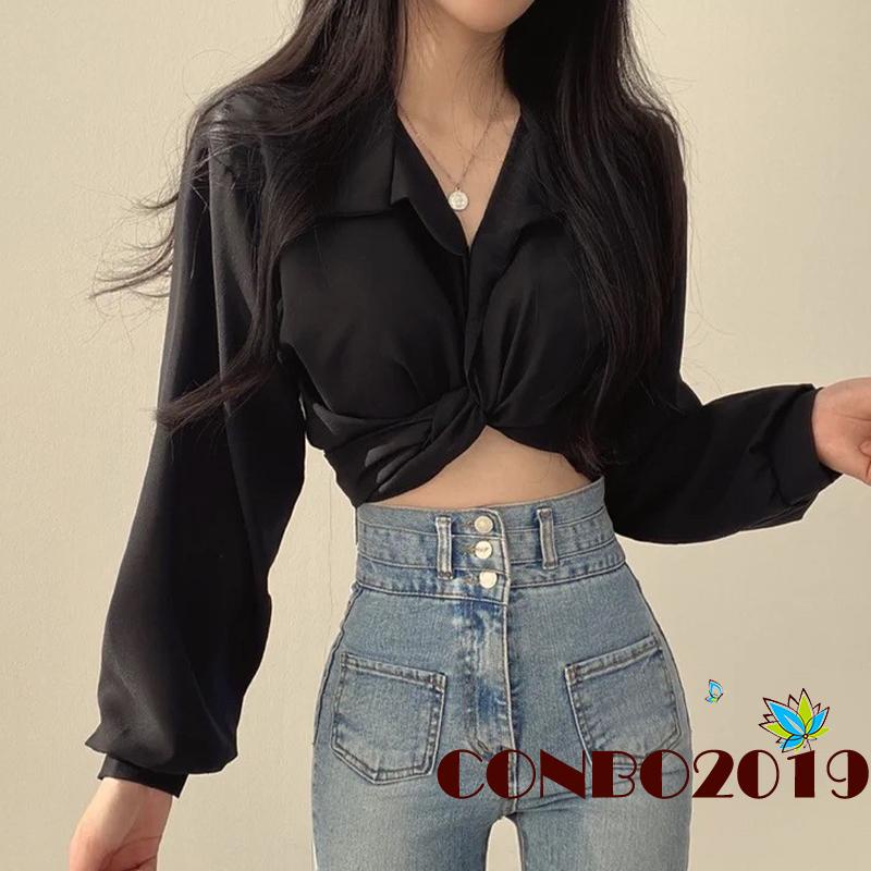 Áo Croptop Tay Dài Cổ Chữ V Màu Sắc Thanh Lịch Cho Nữ