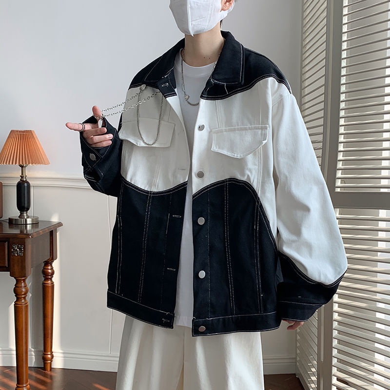 Áo Khoác jean Dáng Rộng Phối Màu Tương Phản Trắng Đen Thời Trang Cho Cặp Đôi joker2023 2.141423 2023