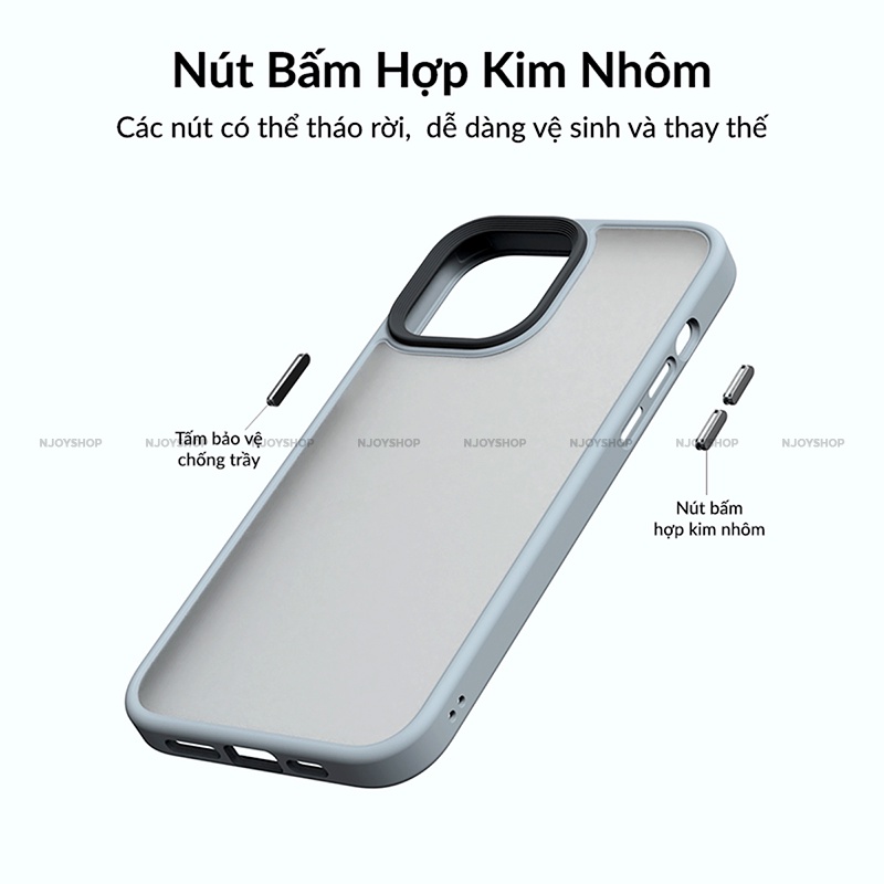 Ốp Lưng Nhám Chống Vân Tay Nút Bấm Kim Loại Viền Màu Cho Điện Thoại IP11/12/13/14 Pro Max Likgus Njoyshop