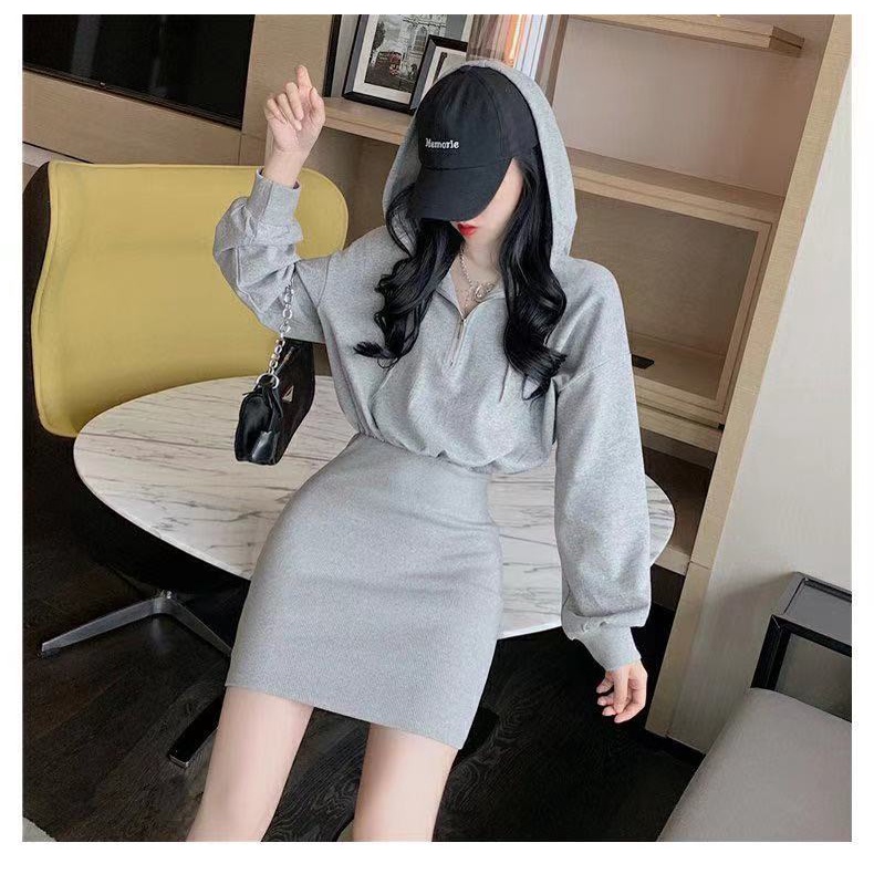 DIDIKA Đầm hoodie mỏng tay dài ôm eo phong cách thu đông 2023