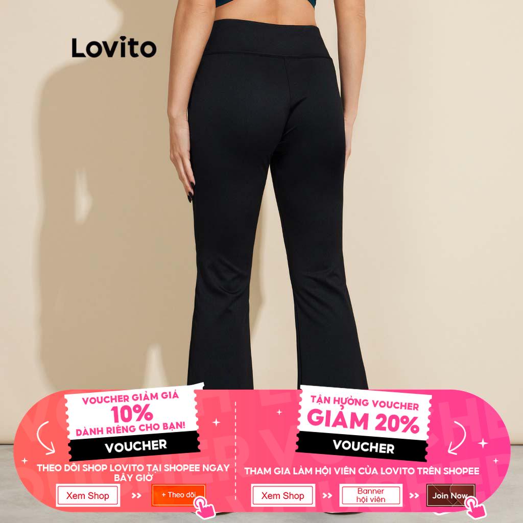 Quần ống loe Lovito màu trơn xẻ tà phía trước có túi vải nhanh khô phong cách thể thao L18X540 (Màu đen)