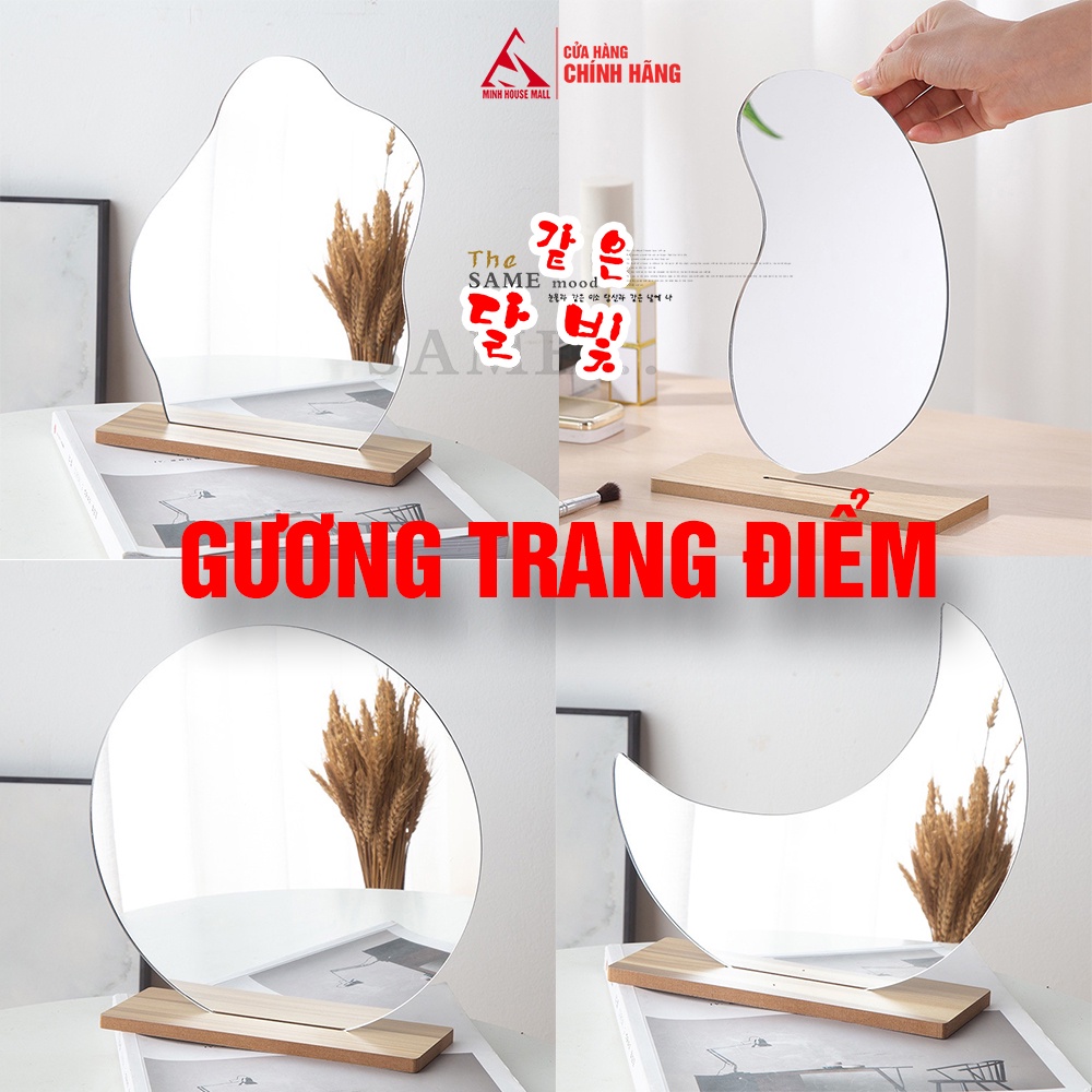 Gương trang điểm để bàn Acrylic Minh House đế gỗ tháo rời nhỏ gọn nét, trong kiểu Hàn