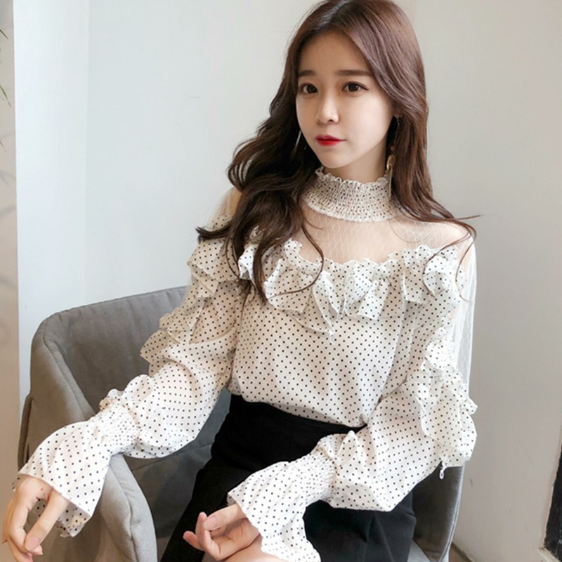 áo sơ mi ren lưới hở vai ulzzang order áo tay bồng chấm bi đen trắng dáng hàn quốc KÈM ẢNH THẬT