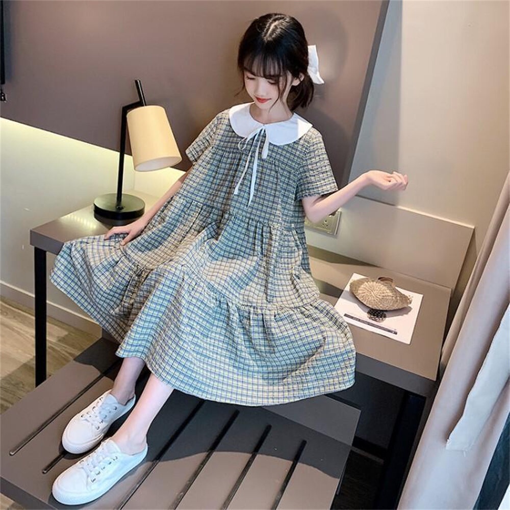 Đầm cotton tay ngắn eo cao họa tiết caro màu xanh lá phong cách Hàn Quốc thời trang cho bé gái 3-13 tuổi