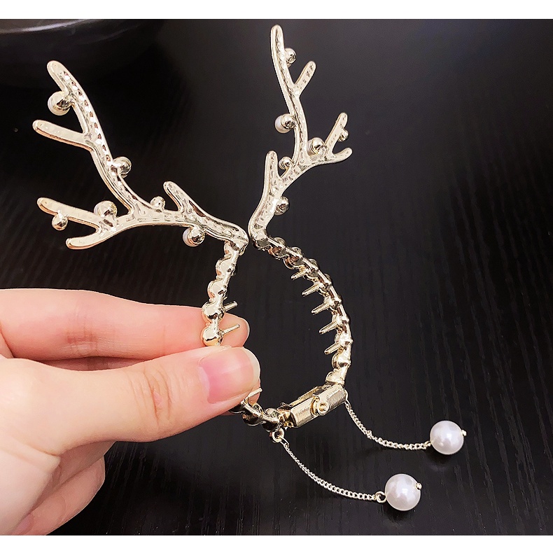 Kẹp Tóc Hình Sừng Hươu Đính Hạt Và Tua Rua Sang Trọng