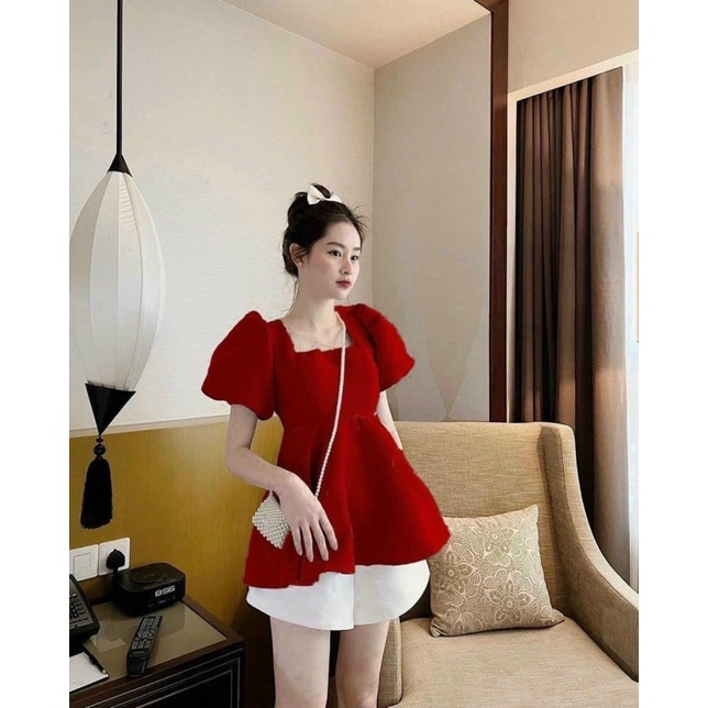Set áo peplum nơ lưng + short trắng
