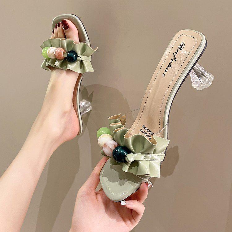 Xăng đan Cao Gót Pha Lê Trong Suốt Phối Ren Hoa Sen Thời Trang Mùa Hè Cho Nữ