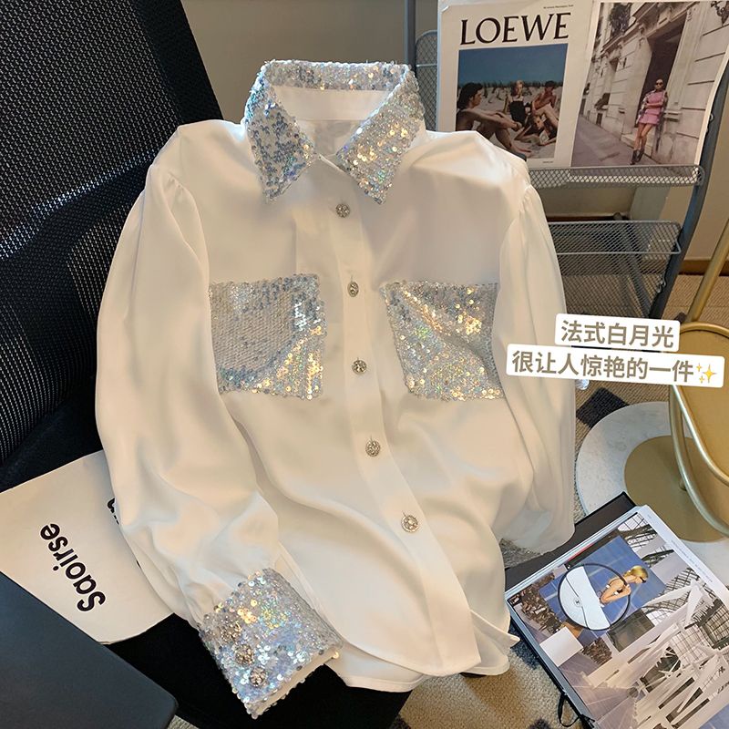 Áo Sơ Mi Trắng Tay Dài Đính Kim Sa Lấp Lánh Thời Trang Mùa Xuân 2023 Phong Cách Pháp Cho Nữ