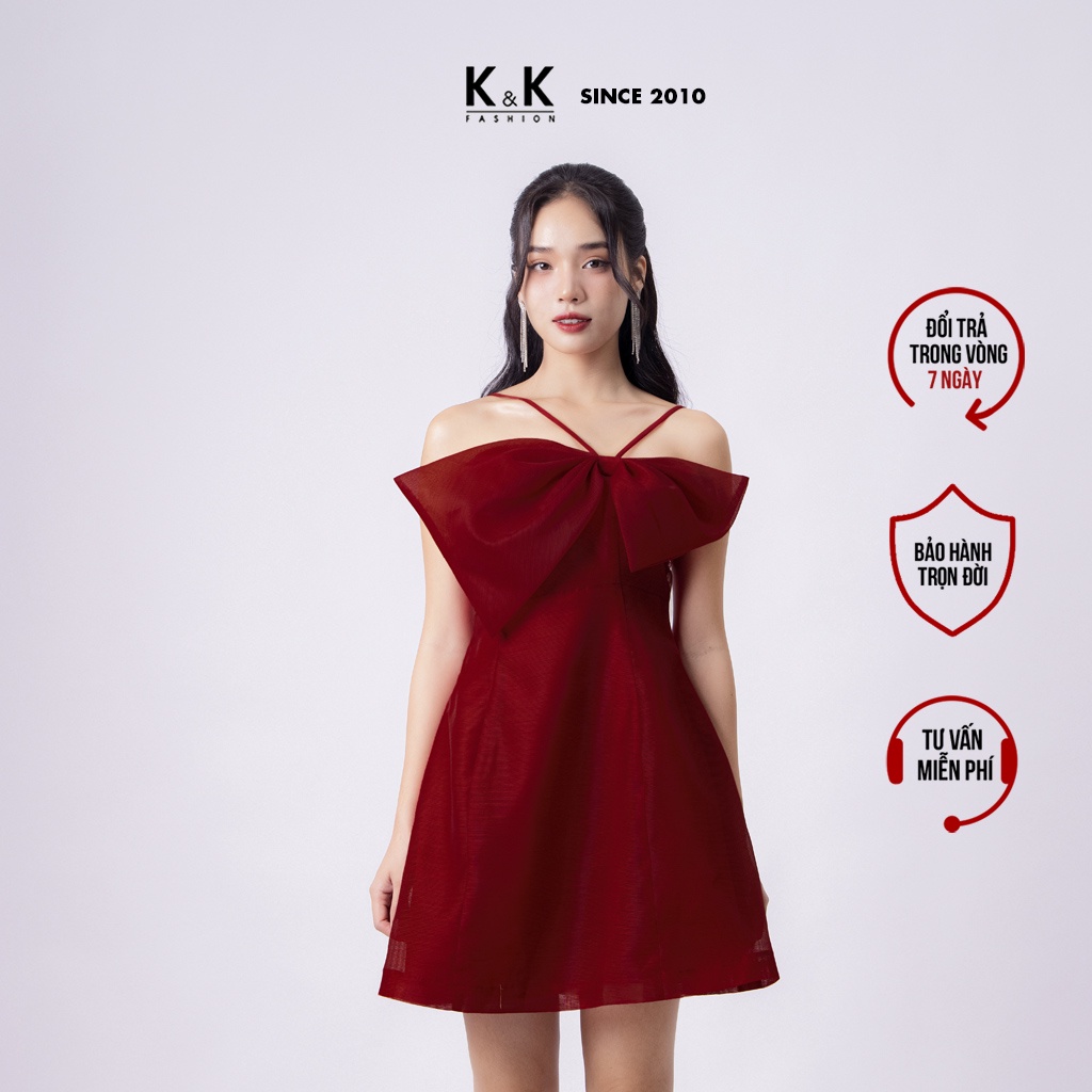 Đầm Xòe Dự Tiệc Hai Dây Màu Đỏ Phối Nơ K&K Fashion HL20-24 Chất Liệu Tơ Kiếng