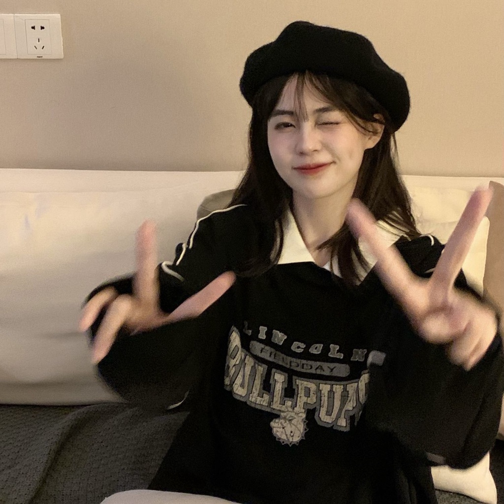 Áo Sweater Polo Mỏng Tay Dài Dáng Rộng In Chữ Kiểu Hàn Quốc Thời Trang Mùa Thu Cho Nữ