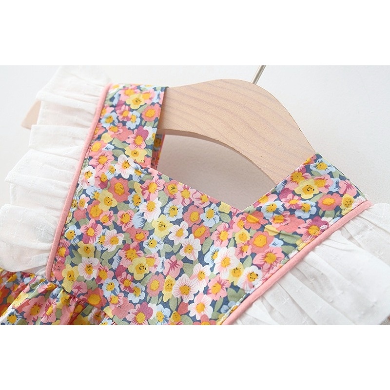 Đầm công chúa hai dây vải cotton in hoa đính nơ thời trang mùa hè xinh xắn dành cho bé gái