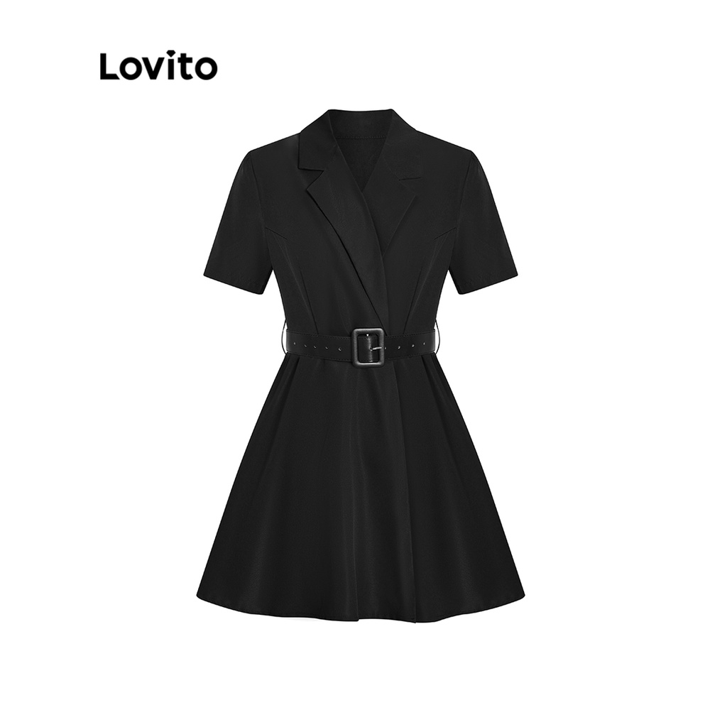 Đầm LOVITO dáng chữ A cổ chữ V có nút cài và thắt lưng màu trơn thanh lịch cho nữ L45ED060 (màu đen)
